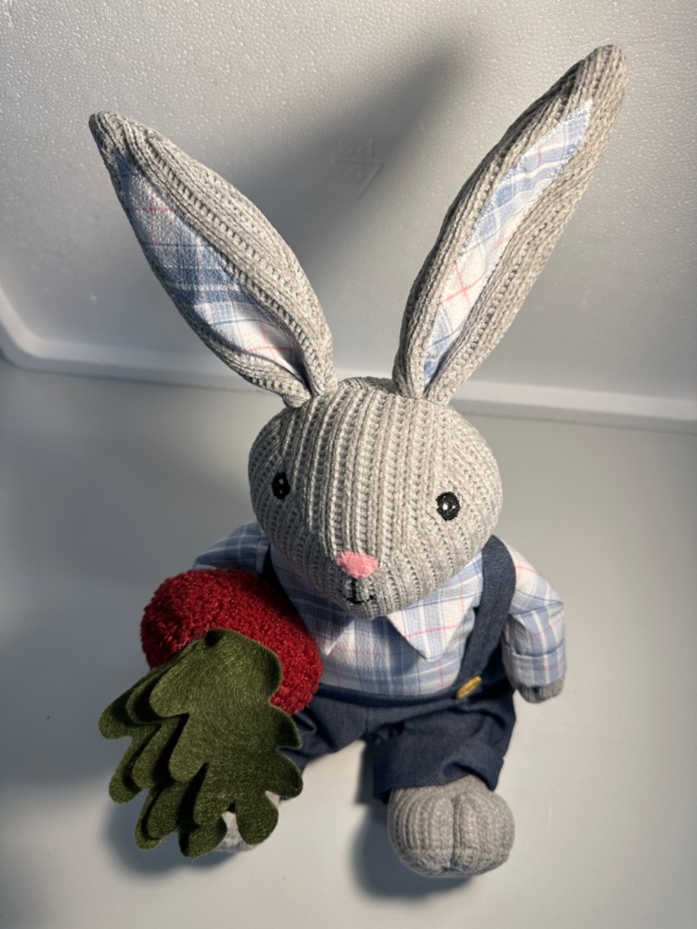 Gray Knit Bunny Plush Toy with Blue Plaid Outfit and Navy Overalls he is 19”
